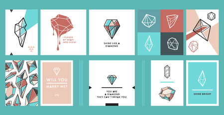 Vector set of trendy hipster postcards with gems and diamond shapes. Creative poster, banner, print. Different bright crystals and gemstones.のイラスト素材
