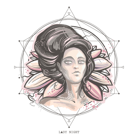 Night lady vector illustration, mysterious woman portrait on the lotus background. Sacred geometry hand-painted print.のイラスト素材