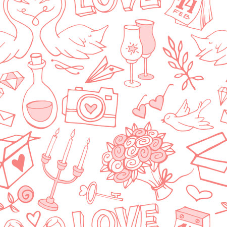 Cute and gentle Valentine's Day handsketched delicate seamless pattern. Valentine doodle elements on textured background. Wrapping paper with love symbolsのイラスト素材