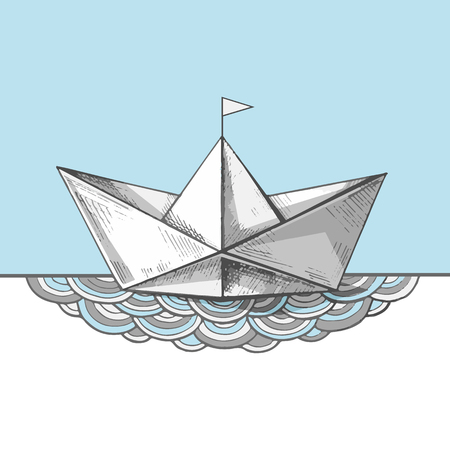 Cute handsketched paper ship on the waves, vector illustration. Art print with a boat on the sea. Ocean calling.のイラスト素材