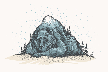 Let it snow. Cute and lovely handsketched illustration of old sleeping bear, looks like a mountain, into the woods. Forest bear, winter mood, christmas card. Seasonal greetings.のイラスト素材