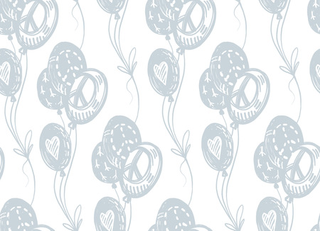 International peace day delicate hand drawn seamless pattern with blue flying balloons, peace signs, symbols, hearts on white background. Birthday, holiday wrapping paper.のイラスト素材
