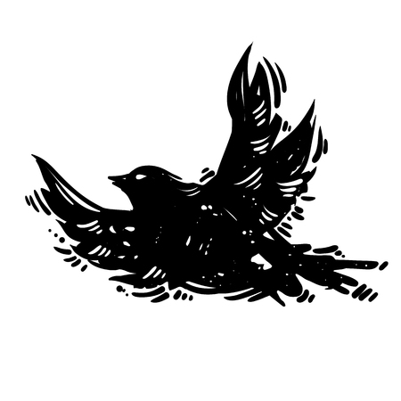 Hand drawn lino cut style trendy and expressive vector sketch of flying bird. Ink, grunge style illustration of dove silhouette isolated on white background.のイラスト素材