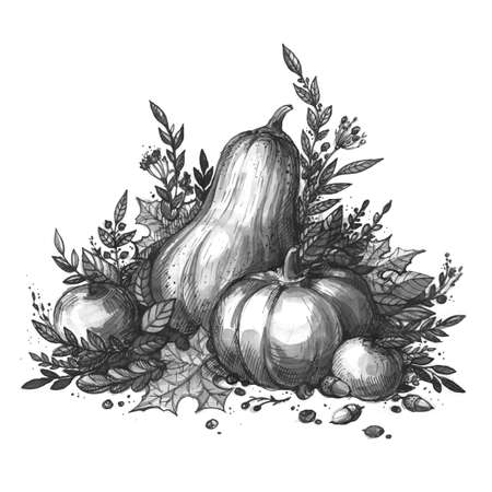 Vintage fall harvest festival ink hand drawn illustration. Retro style autumn poster. Thanksgiving Day celebration print. Beautiful autumn still-life.のイラスト素材