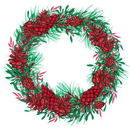 Decorated Merry Christmas wreath of fir and pine branches and cones, holly berry, mistletoe twigs and leaves. winter plants holiday decoration. Watercolor and ink hand drawn illustration. Round vintage frame for Christmas cards and winter design.の写真素材
