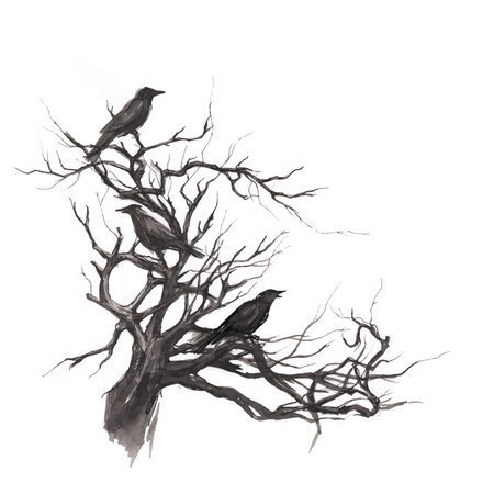Monochrome hand drawn watercolor ink illustration with tree branches, twigs and black ravens. Crows on the old dead tree. Scary Halloween background.のイラスト素材