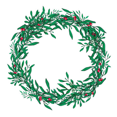 Decorated Merry Christmas wreath of mistletoe and holly berries branches and leaves. winter plants holiday decoration. Watercolor and ink hand drawn illustration. Round vintage frame for Christmas cards and winter design.のイラスト素材