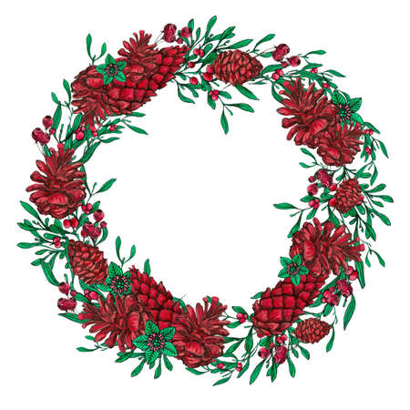 Decorated Merry Christmas wreath of fir and pine branches and cones, holly berry, mistletoe twigs and leaves. winter plants holiday decoration. Watercolor and ink hand drawn illustration. Round vintage frame for Christmas cards and winter design.のイラスト素材