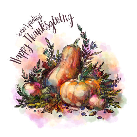 Happy Thanksgiving Day celebration watercolor greeting card, poster. Vintage fall harvest festival hand drawn still life illustration. Colorful autumn print.のイラスト素材