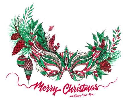 Beautiful festive Christmas carnival mask with red and green feathers, mistletoe, holly berries, pine cones vintage toys and branches isolated on white background. watercolor ink illustration. Season's greetings.のイラスト素材
