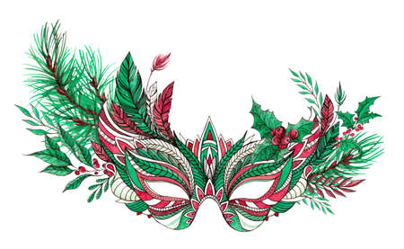 Beautiful festive Christmas carnival mask with red and green feathers, mistletoe, holly berries, pine branches isolated on white background. watercolor ink illustration.のイラスト素材