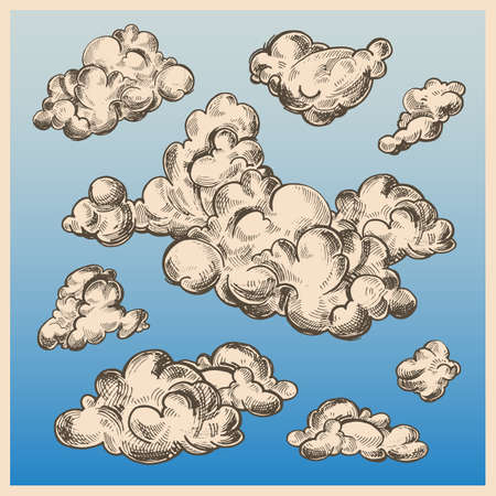 Vector set of detailed hand drawn vintage engraved clouds. Ink illustration. Overcast, abstract sky, cloud sketch decorative background.のイラスト素材