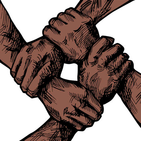 United hands together hand drawn ink illustration. Hand coordination, people hands holding each other in unity. business group collaboration. team concept. Teamwork, cooperation, cooperation.のイラスト素材