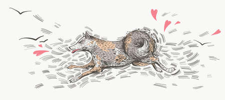 Tricolor spotted running dog, hand drawn character sketch. Ink vector illustration. Dog fast jumping with birds and hearts, hunt.のイラスト素材