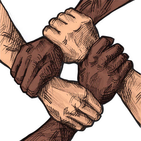 United hands together hand drawn ink illustration. Hand coordination, international multiracial, mixed race people hands holding each other in unity. business group collaboration. team concept.のイラスト素材