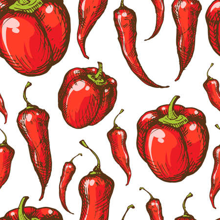 Seamless vintage style pattern with red spicy and hot chili, thai, bell and cayenne peppers. Kitchen wallpaper, textile fabric print with paprika. rustic cookery backgroundのイラスト素材