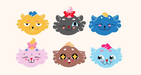 Digital cat portraits with different expressions. Set of colourful vector illustrations of sad, happy, smiling, satisfied cat faces. Modern hand-drawn drawing for greeting card, web and app design.のイラスト素材