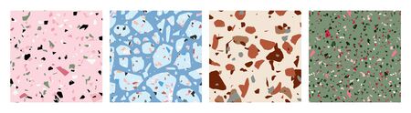 Elegant seamless terrazzo fashion pattern set. Modern stone floor, tile design textures. Earthy colours, pink, blue and green backgrounds and elements. Abstract digital illustrated concrete.のイラスト素材