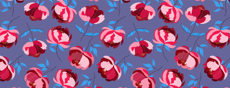 Luxury fashionable red wild peony pattern. Big extravagant flowers on a deep purple solid background