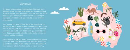Australia illustrated map banner. Australian culture, nature and traditions on a map. Hand-drawn modern vector illustration for web and print. Trendy Australian map design.のイラスト素材