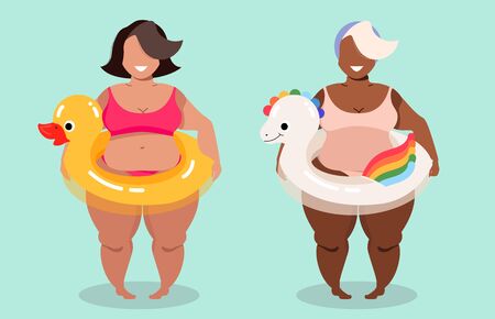 Girls and swimming rings. Chubby ladies in swimsuits. Female characters. Colourful pool rings - unicorn and yellow bath duck. Summer concept. Body positive modern illustration for web and print use.のイラスト素材