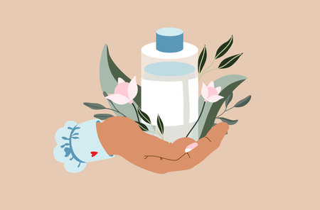 Female hand holding cleansing water bottle and flowers. Botanical elements and skin care product. SPA and beauty concept. Modern hand drawn vector illustration.のイラスト素材