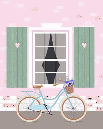 A bicycle leaning against a wall. Sky blue bicycle under the window. Modern romantic illustration of a bicycle with flowers in a basket standing in front of a window. Old cozy house outdoor view.のイラスト素材