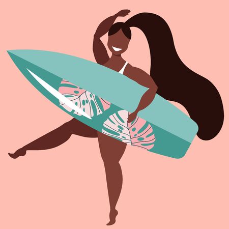 Dark hair girl holding surfing board. A girl with a surfing board. Tanned beauty female surfer. Active summer sports hand-drawn vector illustration. Trendy Hawaiian poster design for web and print.のイラスト素材
