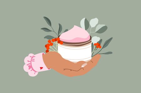 Female hand holding day creme and flowers. Botanical elements and skin care product. SPA and beauty concept. Modern hand drawn vector illustration.のイラスト素材