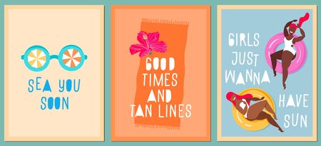 Funny quote summer cards. Summertime holiday concept. Modern hand-drawn vector cards and trendy handwritten quotes. Greeting card templates. Women and pool rubber rings, sunglasses and hibiscus flowerのイラスト素材