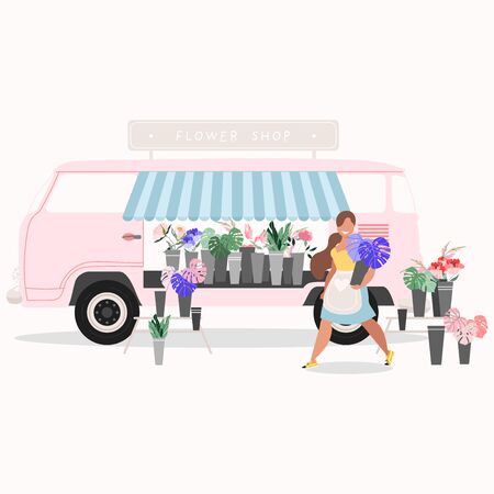 Flower shop van isolated. Flower shop concept. Pink van selling flowers. Smiling female florist holding plant. Plants, flowers, palm leaves in buckets. Floral market. Pink flower truck. Modern vector.のイラスト素材