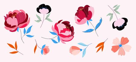 Variety of multicolour trendy flowers. Vector illustration for web, app and print. Elegant feminine rounded shape floristic isolated peony flowers. Garden, botanical, minimalistic floral set.のイラスト素材