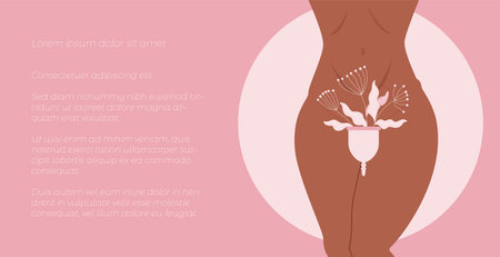 Menstrual cup and female body closeup. Hand-drawn vector web banner template. Menstrual health concept. Recyclable silicone menstrual cup full of flowers.のイラスト素材