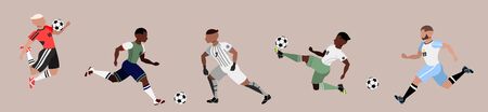 Set of multiracial football players. Collection of hand drawn isolated vector characters. Sports and running. Football game players. Goalkeeper and team members. Trendy male character design set.のイラスト素材