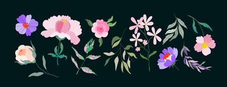 Isolated vector flowers. Set of different floral elements for logo, pattern, web and app design. Feminine vibrant wild roses, tree branches and field flowers. Hand-drawn trendy illustration.のイラスト素材