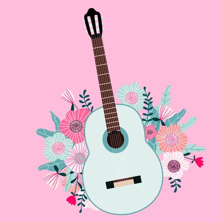 Guitar and flowers on pink. Guitar classes. Online guitar lessons. Modern greeting card, invitation, web banner design. Trendy spring, summer hand drawn vector illustration. Hippie freedom concept.のイラスト素材