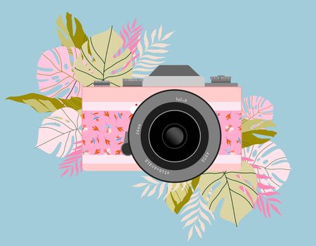 Hand-drawn vector photo camera and flowers around. Trendy t shirt, card design.のイラスト素材
