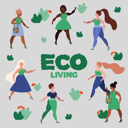 Women in green clothes. ECO living concept. Beautiful ladies walking. Girls holding reusable green bags. Female character set. Modern hand dawn vector illustration. Isolated elements.のイラスト素材