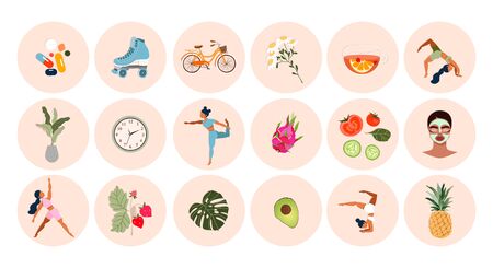 Healthy lifestyle icon set. Big collection of modern hand-drawn vector stickers about fitness and healthy living. Different icons with girls doing yoga, fruits and vegetables, and sport activities.のイラスト素材