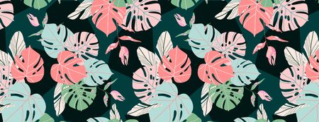 Dark jungle leaf pattern. Exotic tropical monstera and palm leaves on a dark green background. Modern seamless vector design for web and print. Nature in warm countries. Rainforest plants.のイラスト素材