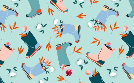 Flowers in wellies pattern. Soft aqua blue pastel colour seamless pattern design. Spring mood and easter floral arrangement. Easter holiday celebration. Beautiful vector design for web and print.のイラスト素材