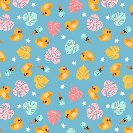 Funny rubber duck blue pattern. Hand-drawn trendy summer pattern design. Tropical monstera leaves, bath ducks and ice creams. Tropical summertime repeatable design for wrapping paper, banner, card.のイラスト素材