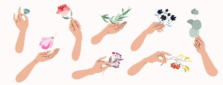 Set of hand-drawn hands holding variety of flowers.のイラスト素材