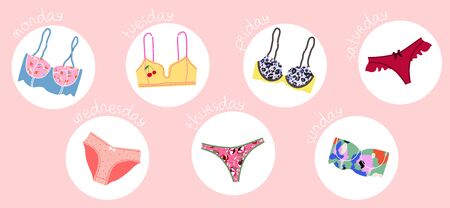 Trendy female underwear, lingerie set. Panties, bikinis and bras. Modern hand drawn colorful collection of womens underwear. Beautiful pattern thongs and lace bras. Sensuality and femininity concept.のイラスト素材
