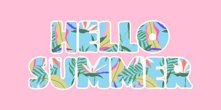 Tropical outlined HELLO SUMMER text. Isolated vector design sign, header for web and print use. Bright colorful Hawaiian letters on pink. Summertime conceptual drawing.のイラスト素材