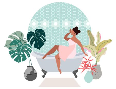 Girl taking bath. Woman sitting on a bath. Bathroom interior design. Trendy bathroom design. House plants - monstera and palm leaves in pots. Modern tiles on the walls. Woman in a towel.のイラスト素材