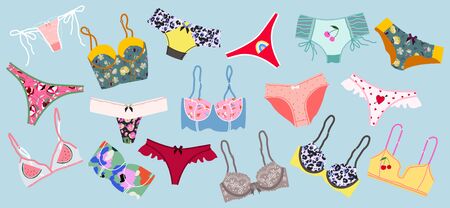 Trendy female underwear, lingerie set. Panties, bikinis and bras. Modern hand drawn colorful collection of womens underwear. Beautiful pattern thongs and lace bras. Sensuality and femininity concept.のイラスト素材