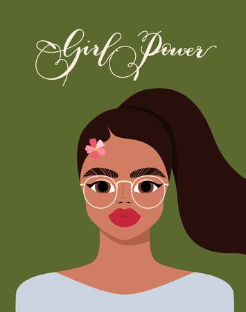 Beautiful long hair girl wearing glasses. Girl power modern handwritten text. Calligraphy quote. Female in society. Feminism conceptual vector illustration. Modern feminine design.のイラスト素材