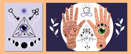 Palmistry and hieromancy. Hand lines and their meanings. Moon phases. Constellations and symbols. Magical hand drawn vector illustration for web and print design. Trendy colourful palmistry hand.のイラスト素材