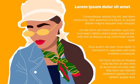 Girl wearing cap and denim jacket. Trendy collage style vector banner, web page, magazine design. Teenager sunglasses. Modern illustration. Female closeup portrait. Long hair brunette.のイラスト素材